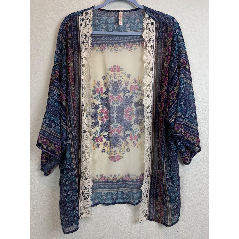 Xhilaration Kimono L/XL Blue Floral Paisley Crochet Lace Boho Sheer Cardigan